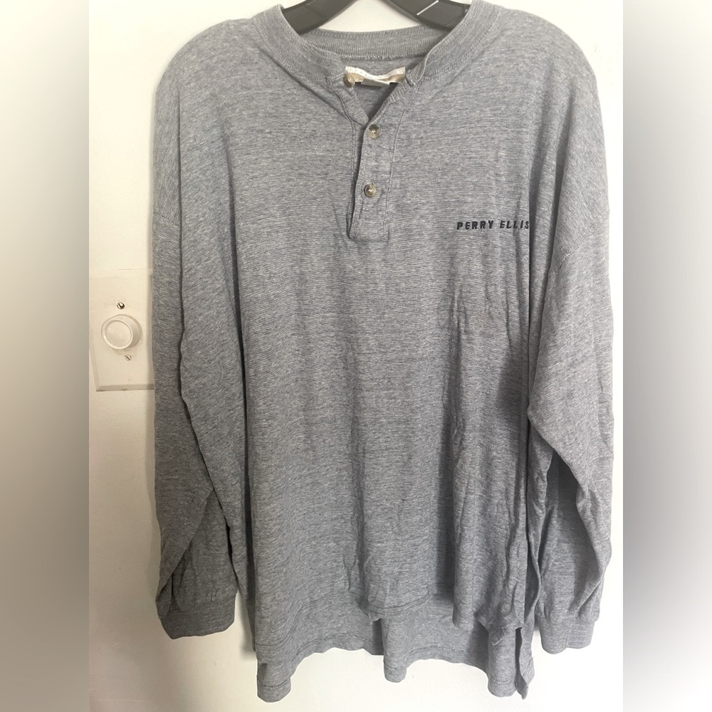 Perry Ellis Shirt Mens Large Light Blue Henley Pullover Long Sleeve